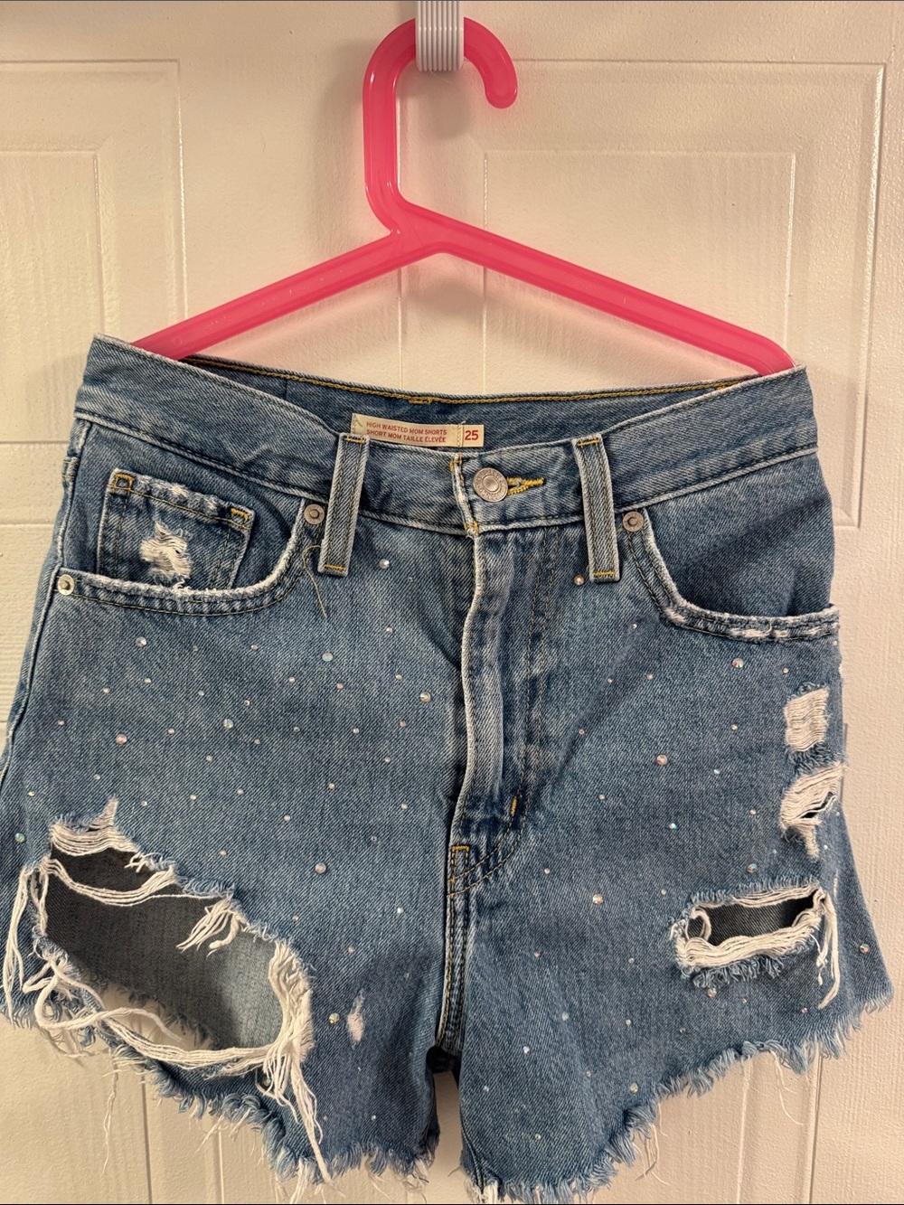 Levi’s Distressed High-Waist Denim Shorts with Embellished Rhinestones - Blue